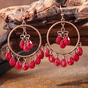 Pendientes de Moda Estilo Bohemia con Borlas Rojas, Chapados en Bronce Antiguo, de Aleación, para Fiesta, Joyería para Mujer - Product Image 3