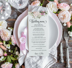 Tarjetas de Menú de Boda de Papel de Algodón con Diseño Floral Rosa, Nombres Personalizados, Fecha, Cuerda Dorada, para Mesa - Product Image 6