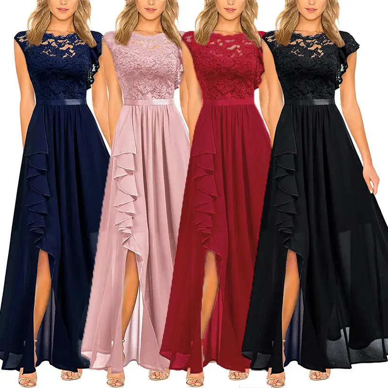 2024 Sommer neues Damenkleid Abendkleid Spitzen-Stil hohe Taille Slim-Fit Langes Kleid Design Gefühl geteilt