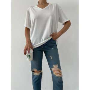 Camiseta Básica con Cuello en V para Mujer, 100% Algodón Jersey, Transpirable, Manga Regular, Blanca - Product Image 3