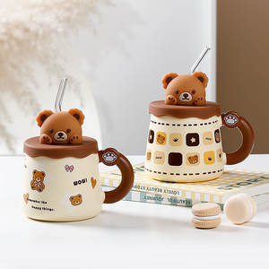 Taza de Dibujos Animados de Osito, Taza de Café, Té y Agua de Alta Gama con Tapa y Cuchara, Linda Taza para Parejas, Resistente a Altas Temperaturas, Estilo Instagram - Product Image 4
