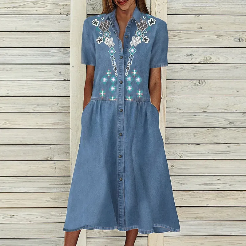China Factory Outlet Women's Denim Dress Fashion Street Ladies Casual Blue Print Loose Shirt Jeans Denim Long Skirt