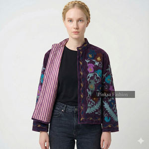 Manteau court ethnique vintage en velours noir, style bohème, brodé à la main, motif floral, écologique, luxe pour femmes, hiver - Product Image 1