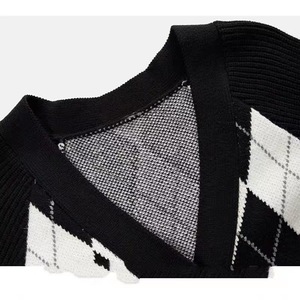 Women's V-Neck Diamond Pattern <b>Cardigan</b> Black Cotton Knitted Sweater Preppy Style Loose Fit <b>Spring</b> 2023 - Product Image 2