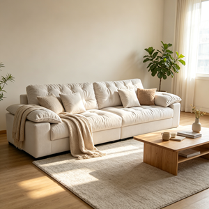 Canapé moderne en tissu capitonné en forme de L, trois places, avec accoudoirs rembourrés, pieds en bois, design minimaliste scandinave, meubles de salon - Product Image 1