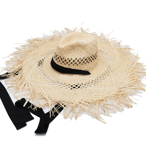 JAKIJAYI vente en gros de chapeau de dame d'été en paille naturelle colorée fait à la main chapeau de paille en raphia pour femmes à large bord avec ceinture en ruban - Product Image 3