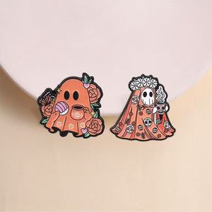 Broche vintage mexicaine en alliage de zinc émaillé, motif Jour des Morts, fantôme, amour, fleurs, squelette, café, pour badge d'Halloween - Product Image 2