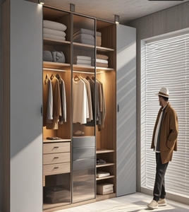 Organiseur de vêtements sur mesure pour armoire, laque imitation bois, stratifié mélaminé, meuble de chambre à coucher avec éclairage LED - Product Image 1