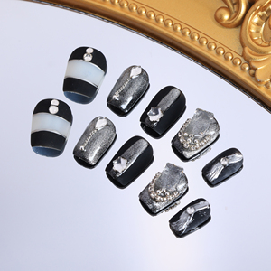 Uñas postizas de lujo acrílicas con estrellas y pedrería, negras, cortas, estilo ataúd, cobertura completa, hechas a mano, precio de fábrica al por mayor. - Product Image 2