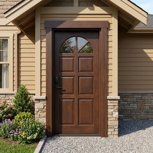 Puerta de Entrada Principal de Madera Sólida de Nogal Oscuro Estilo Americano con Inserto de Vidrio con Ventilador y Cerradura Inteligente - Product Image 3