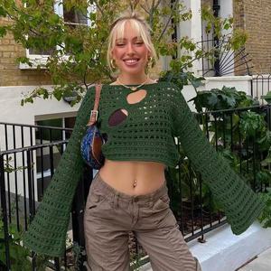 Nouvel Arrivage – Pull Décontracté en Crochet pour Femme avec Manches Longues Évidées Sexy – Haut Tendance d'Été à Motif Uni Anti-Plis - Product Image 4