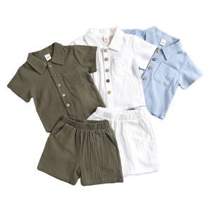 Pakaian Bayi Balita Kasual Kustom Pabrik OEM, Setelan Pakaian Bayi Laki-laki Katun Linen Kerah Lipat Lengan Pendek Polos - Product Image 1