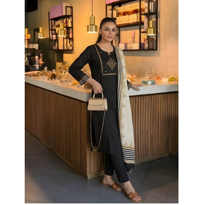 <b>Womens</b> Black Embroidered <b>Kurta</b> <b>Set</b> Geometric Ethnic Wear Festive Party Casual Designer Traditional Outfit - Product Image 2