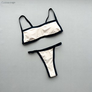 Ensemble bikini 2 pièces pour femme, maillot de bain sexy à coupe haute, color block, bandeau coquin, col rond discret, vente en gros, logo personnalisé - Product Image 1