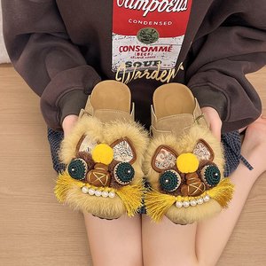 Zuecos de Mujer con Diseño de Danza del León Chino, Bordados, de Peluche, con Borlas Decorativas, Tipo Baotou, Planos y Fáciles de Poner - Product Image 4