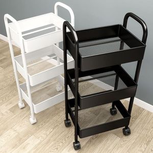 Chariot de rangement métallique à 3 niveaux avec roulettes pour salon et bureau à domicile, design minimaliste noir et blanc, chariot facile à déplacer - Product Image 1