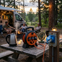 Enrouleur de câble mobile 5-en-1 de 15 m pour camping-car, avec rallonge britannique, RCD, MCB, ports USB A+C et éclairage LED