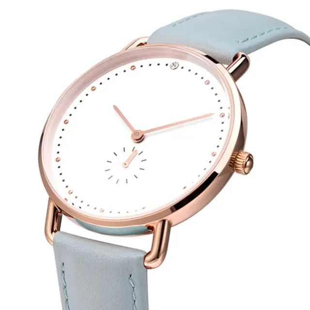 Rose gold plated elegant lady watch light blue quality leather strap wristwatch charming orologio with small subdial