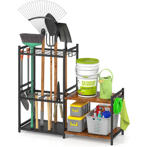 Cross-border heavy-duty garage tool rack, double-layer wooden shelves with <b>hooks</b>, <b>gardening</b> long-handled tool storage rack - Product Image 1