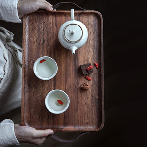 Japanese Style Solid Wood Rectangular <b>Tray</b> With Leather Handle For <b>Tea</b> Coffee Serving Home Use - Product Image 4