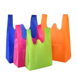 कस्टम इको सुपरमार्केट किराने पैकेजिंग पुनर्नवीनीकरण w कट टी-शर्ट रंग टोटे गैर बुना बनियान शैली खरीदारी बैग