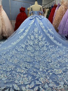 2025 thời trang bóng áo choàng bé màu xanh công chúa quinceanera ăn mặc với long lanh vải off-vai người yêu đính cung bên phong cách - Product Image 6