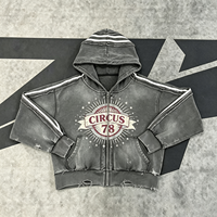 Sweat-shirt à capuche zippé gris délavé effet vieilli, style streetwear, motif CIRCUS 78, pour homme et unisexe, vente en gros