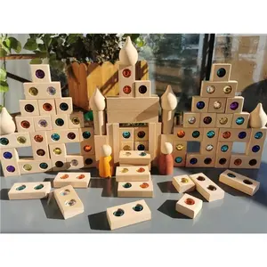 Montessori Mainan Kayu Susun Blok Jalan, Batu Berkilau Akrilik Batu Kristal Permata Batu Bata Berlian