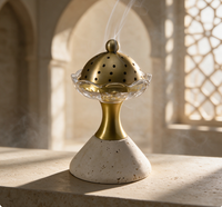 Brûleur à Oud Arabe Vintage Mabkhara Poli à la Main avec Base en Laiton et Travertin, Artisanat Minimaliste Wabi Sabi pour Décoration d'Intérieur