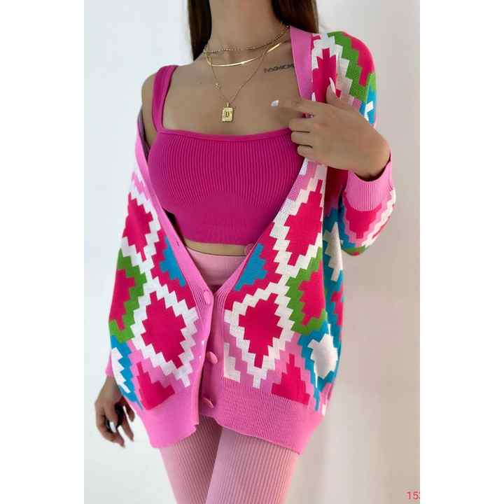 Pink Mosaic Patterned Buttoned Knitted Cardigan
