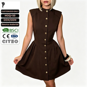 Vestido de Fiesta Corto para Mujer, Estilo Vintage, Cuello Alto, Sin Mangas, Tejido Natural, Corte en A, con Botones Dorados - Product Image 1