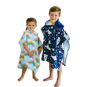 Custom Design Velours Stof Zand-Vrije Badjas Poncho Terry Capuchon Strand Surf Handdoek Katoen Voor Kinderen