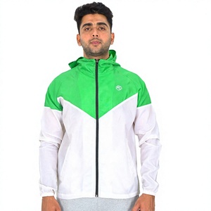 Veste coupe-vent zippée à capuche pour homme, coloris vert et blanc, respirante, légère, sportive, idéale pour le printemps et les activités de plein air - Product Image 1