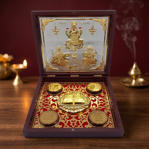 Ensemble de cadeaux religieux hindous de luxe faits à la main, idoles multi-pièces plaquées or sculptées Lakshmi Saraswati Ganesh, art de mariage écologique - Product Image 3