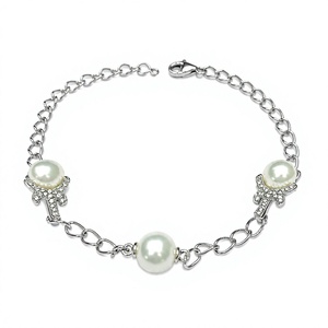 Bracelet chaîne classique en argent sterling 925 plaqué rhodium avec perles d'eau douce et motif croix, pour femme, idéal pour le quotidien ou comme cadeau - Product Image 3