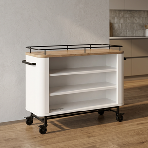 White Storage Cart <b>with</b> Natural Wood Top <b>Metal</b> Rail Shelves & Casters | Mobile Retail Display & Serving Cart - Product Image 1