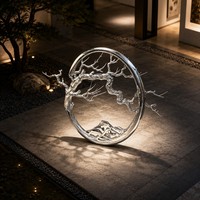Sculpture circulaire d'arbre de pin d'inspiration zen - Art extérieur sur mesure de grande envergure en acier inoxydable