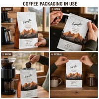 Sachet de café à fond plat imprimé sur mesure avec fermeture éclair pour emballage spécialisé de café en grains entiers torréfiés