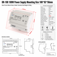 Alimentation industrielle sur rail DIN 100W 24V 12V 15V, SMPS isolé de classe II avec protection contre les surcharges pour l'automatisation