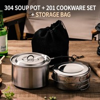 Ensemble de cuisine d'extérieur en acier inoxydable 304, kit de cuisine de camping, casserole, poêle, casserole à soufflet, poignée pliable, résistant à la rouille, léger