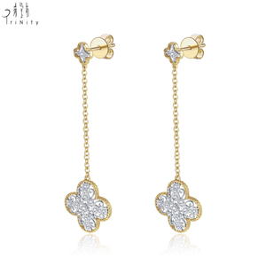 Pendientes de Oro Sólido de 18K con Diseño de Trébol de Cuatro Hojas y Cruz, con Diamantes Naturales, Estilo Vintage, para Mujer - Product Image 2