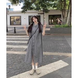 Plaid Shirt Dress Women Summer Long Dress Collared Neck Loose Waist Slit Breathable Daily Casual Dress - Product Image 2