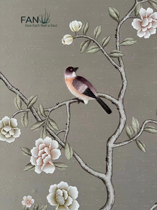 Hand-painted and Embroidered Peony <strong>Wallpaper</strong> with a Light <strong>Green</strong> <strong>Background</strong> - Product Image 3
