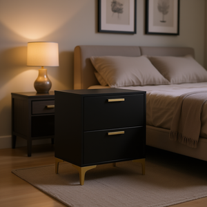 Mesita de noche rectangular negra y dorada de 2 cajones, muebles modernos para dormitorio - Product Image 2