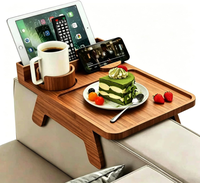 Plateau d'accoudoir de canapé vintage en bambou de haute qualité, pliable avec pieds réglables, table d'accoudoir de canapé avec porte-gobelet et support pour téléphone et tablette