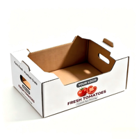 Caisse rustique en carton pour petites tomates vertes avec impression de produits, idéale pour la présentation de légumes au marché des agriculteurs