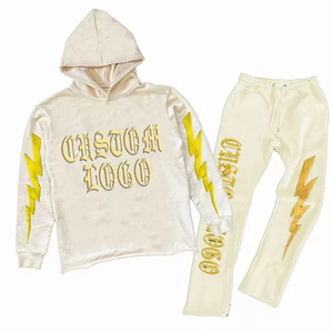 Custom High Quality Puff Printing Tracksuit 100% Cotton French Terry Raw Hem Cut and <b>Sew</b> Hoodie Jogger Sweatpants and Hoodie <b>Set</b> - Product Image 2