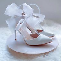 Nouvelles Chaussures de Mariée Élégantes à Grand Nœud Couleur Unie pour Femmes, Talon Fin Pointu Antidérapant, Chaussures de Mariage à Fleurs pour Femmes, Chaussures de Soirée pour Femmes