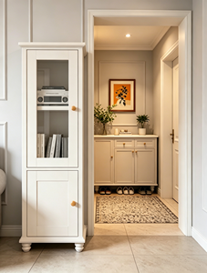 Armario Moderno Blanco con Puerta de Vidrio y Tiradores de Madera, Mueble de Almacenamiento para Entrada o Dormitorio - Product Image 1
