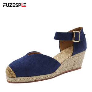 Chaussures d'été de pêcheur en daim de style bohème pour femmes à talons compensés rétro à talons hauts tressés Chaussures à plateforme Espadrille Sandales - Product Image 1